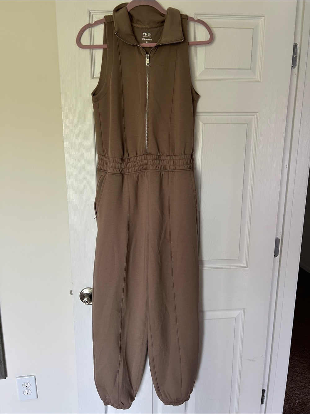 Abercrombie YPB Sleeveless Zip-Front Jumpsuit in Brown